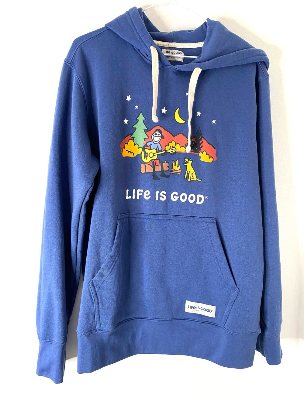 Life Is Good Blue Camping Graphic Hoodie Campfire Guitar Dog Pullover Hoodie